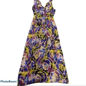 Oleg Cassini vintage metallic abstract printed  sleeveless empire Silk dress